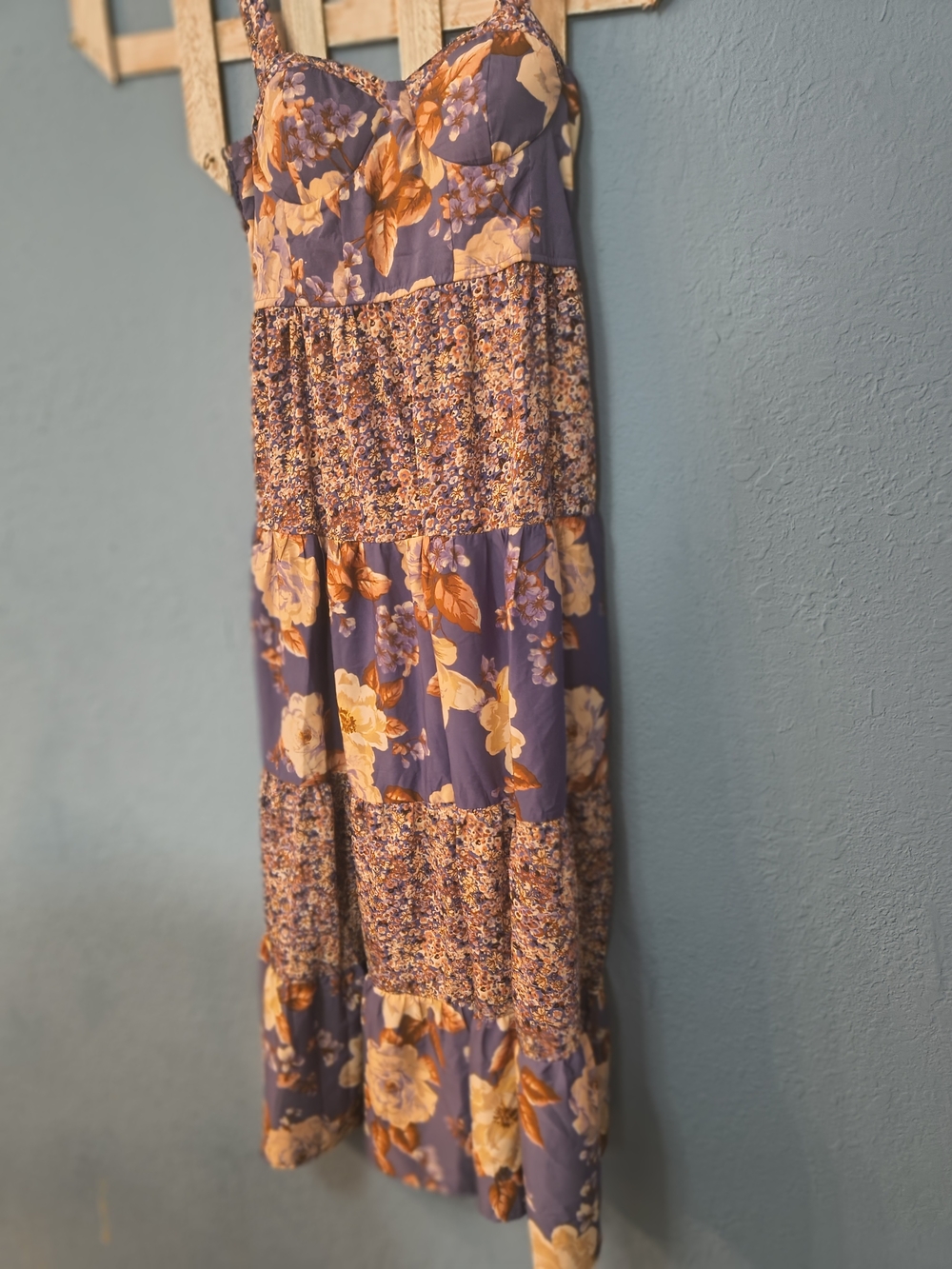 Purple Floral Tiered Maxi Dress with Yellow Accents